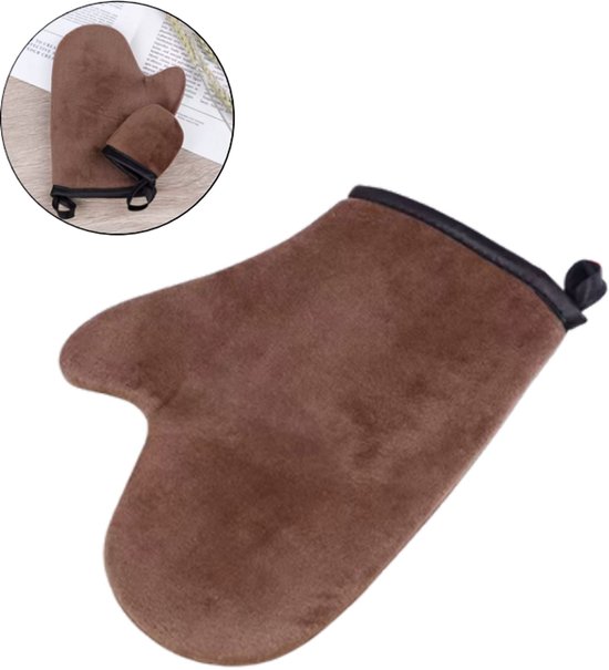 Bruine zelfbruiner handschoen met zwarte bies, met een kleine applicator handschoen in de hoek.