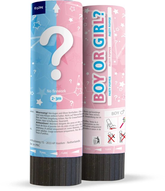 Party Popper Boy or Girl Confetti, 2 Stuks – ca. 30 cm Per Confetti Gender Reveal Party
