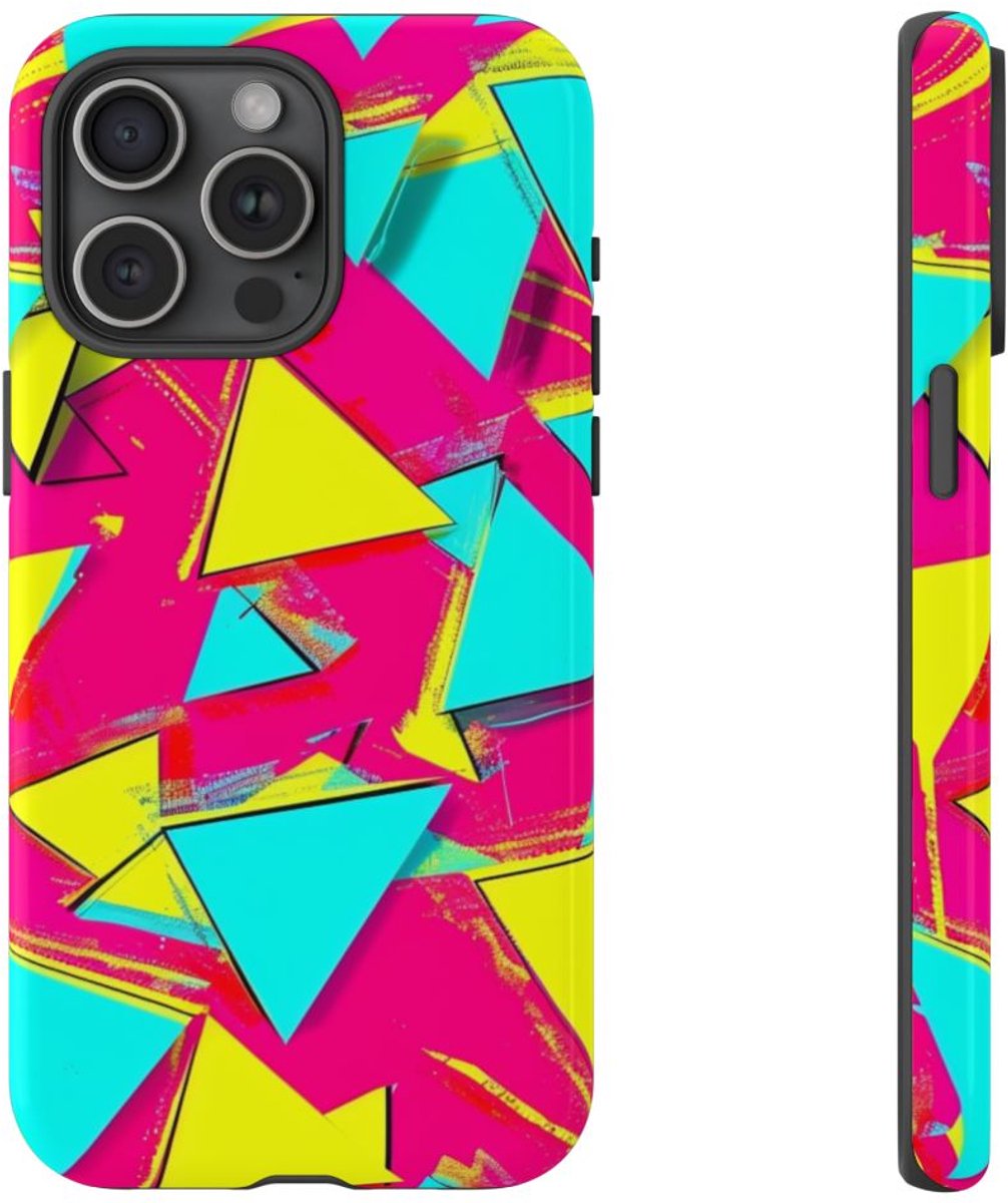 Neon Driehoeken Abstract Patroon – Telefoonhoesje Geschikt voor iPhone 15 Pro Max