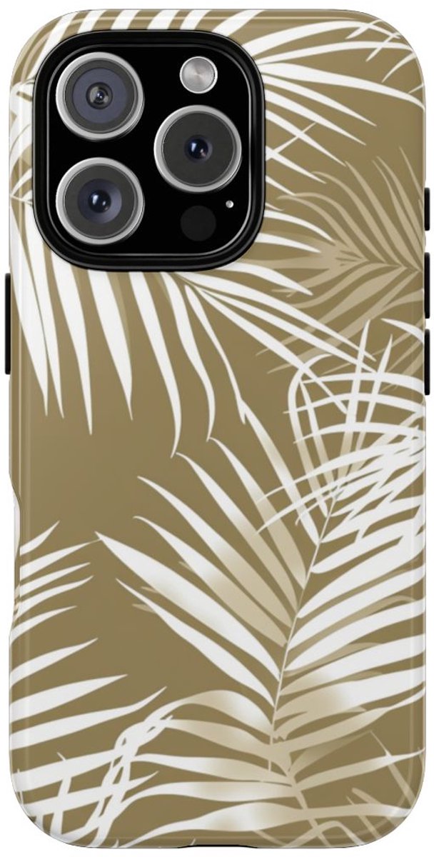 Witte Palmbladeren op Khaki Achtergrond – Telefoonhoesje Geschikt voor iPhone 16 Pro