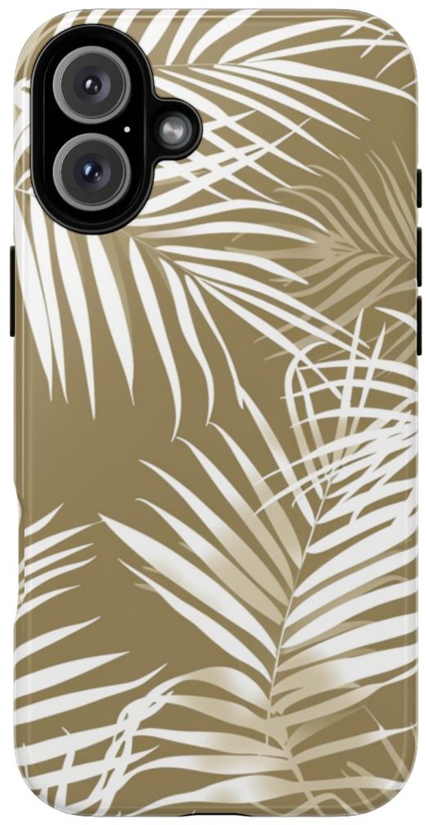 Witte Palmbladeren op Khaki Achtergrond – Telefoonhoesje Geschikt voor iPhone 16 Plus