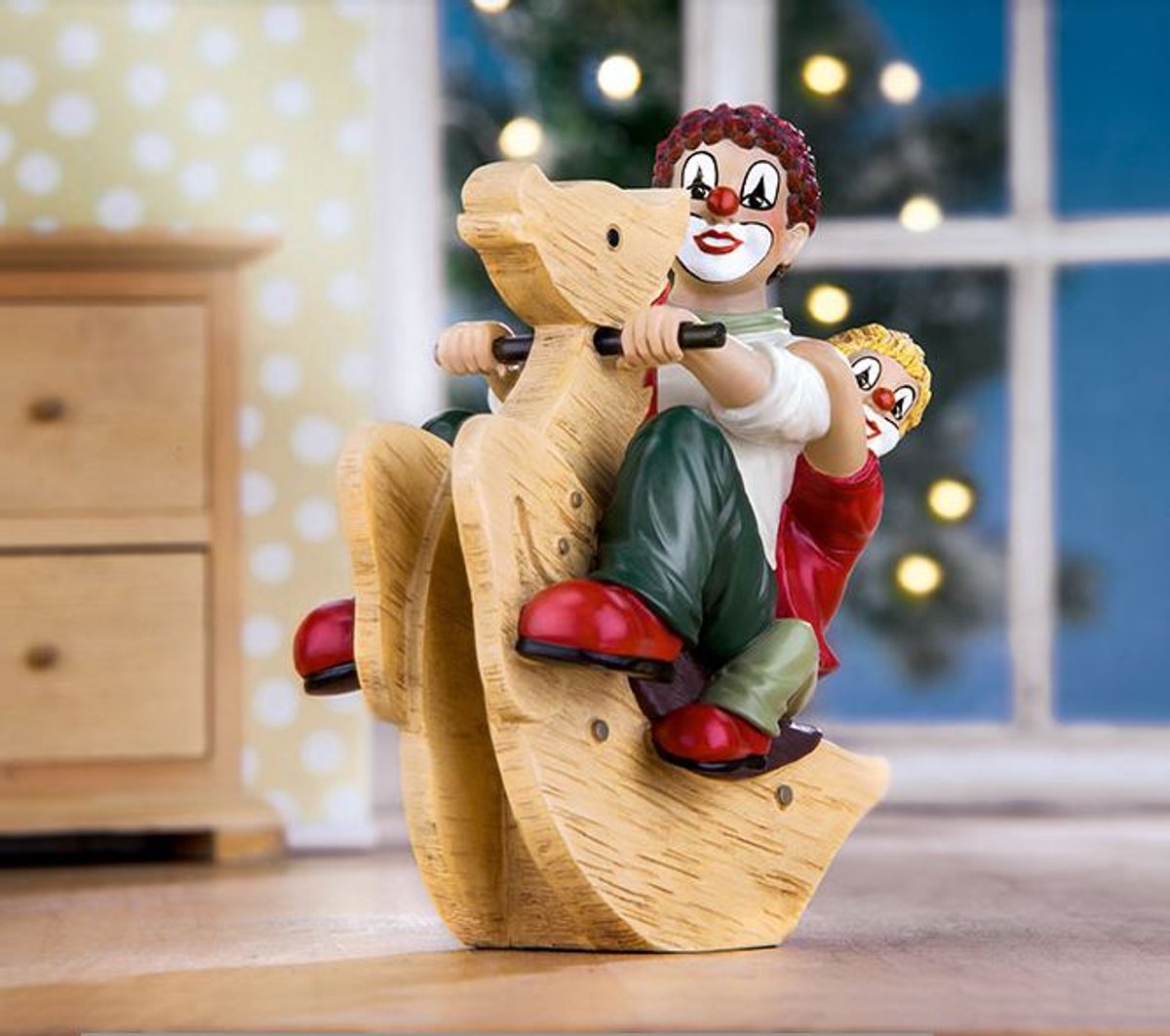 Gilde clowns - Schommelpaard - Samen spelen - 6x14x11 cm - resin handgeschilderd - In cadeauverpakking verzamelaarsobject