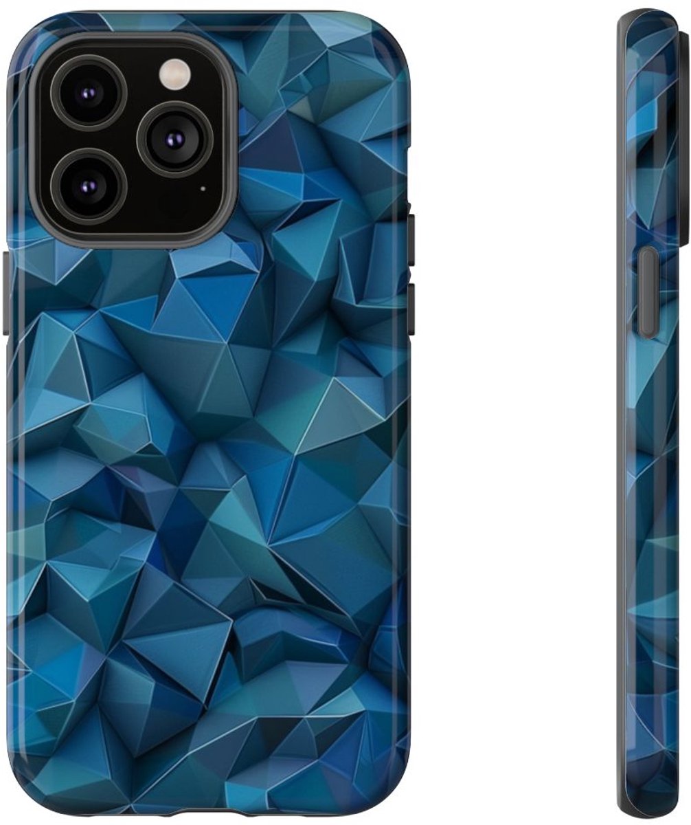Diepblauw Geometrisch Polygonenpatroon – Telefoonhoesje Geschikt voor iPhone 14 Pro Max