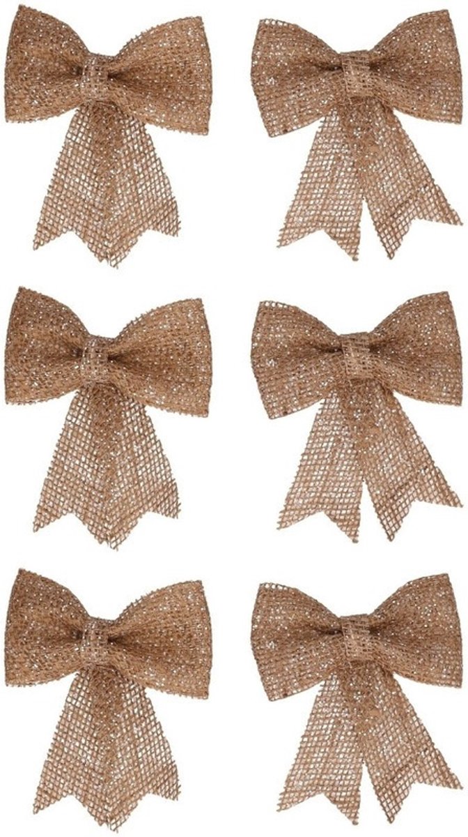 Decoris Kerst decoratie strikjes - 20x st - jute - glitters - 13 cm - kerststrikjes - kerstversiering
