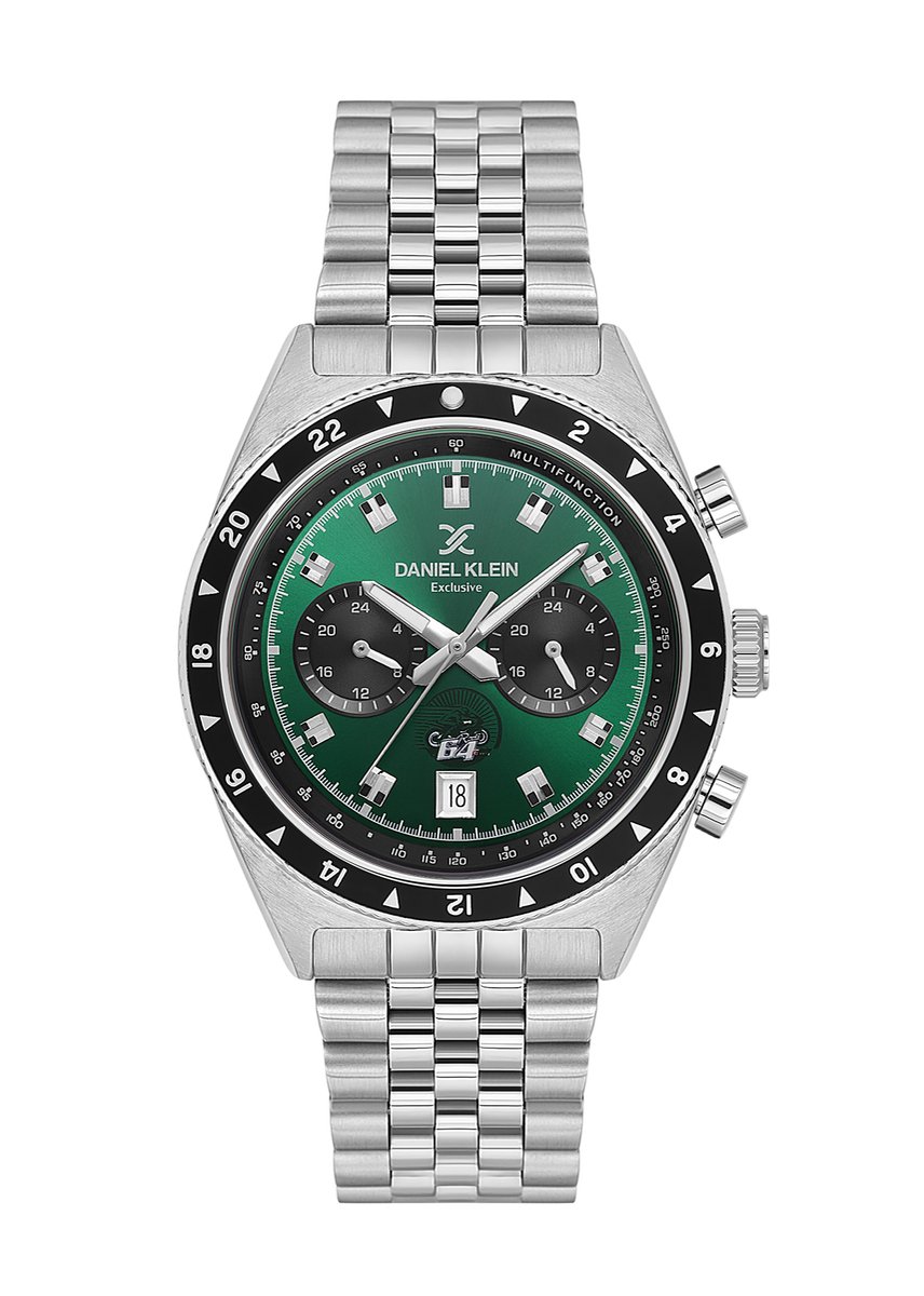 Daniel Klein DK.1.13994-3 - Horloge - Polshorloge - Analoog - Mannen - Heren - Stalen band - Rond - Metaal - Streepjes - Driehoeken - Datumaanduiding - Kalender - Dual Time - Reset - Zilverkleurig - Zwart - Wit - Donkergroen