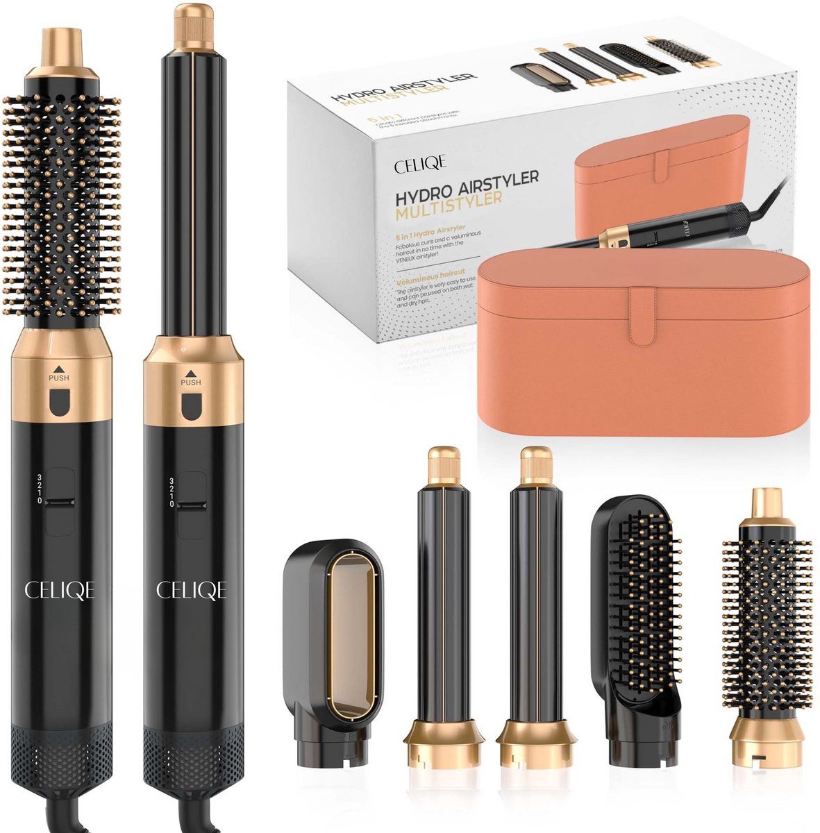 Celiqe™ Föhnborstel - Airstyler - Krulborstel - Warmteborstel - 5 in 1 Multistyler - Met Opbergcase Bruin - Zwart Met Goud