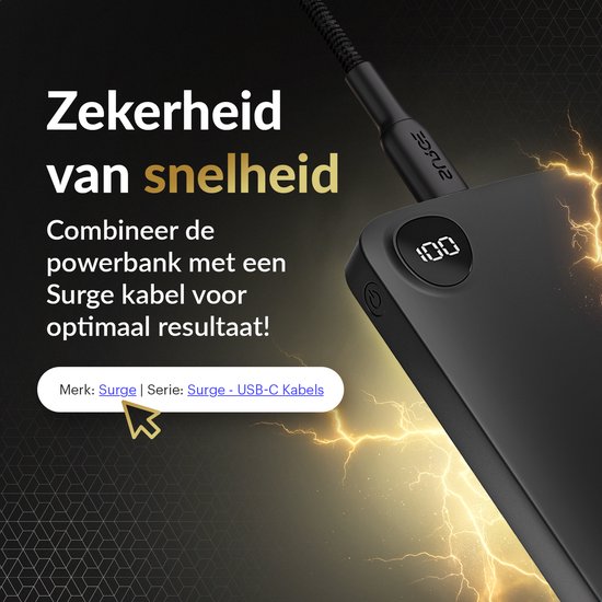 Een Surge USB-C kabel verbindt een smartphone met een powerbank met een weergave van 100%. Elektrische ontladingen omringen de scène.