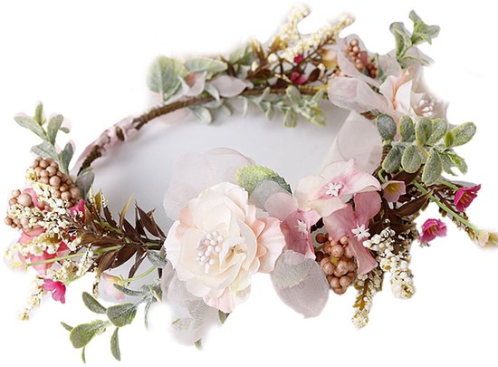 Bruiloft Bloemenkroon – bruidskrans – Handgemaakt – Verstelbaar – 19 cm – Roze