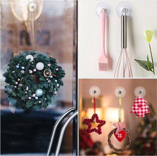 Collage: kerstkrans aan een raam, spatel en garde aan een wand, kerstdecoraties.