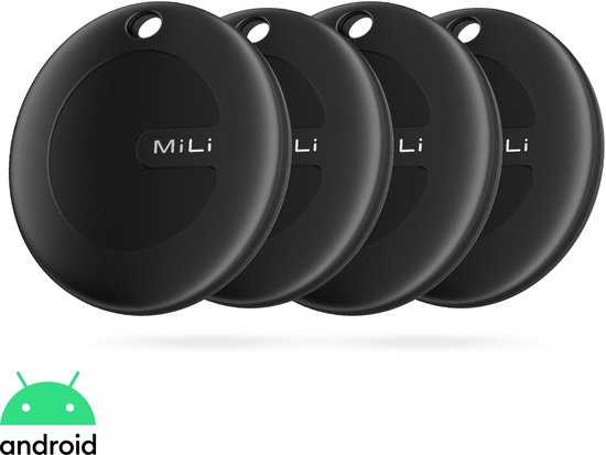 Vier ronde, zwarte MiLi trackers met Android-logo.