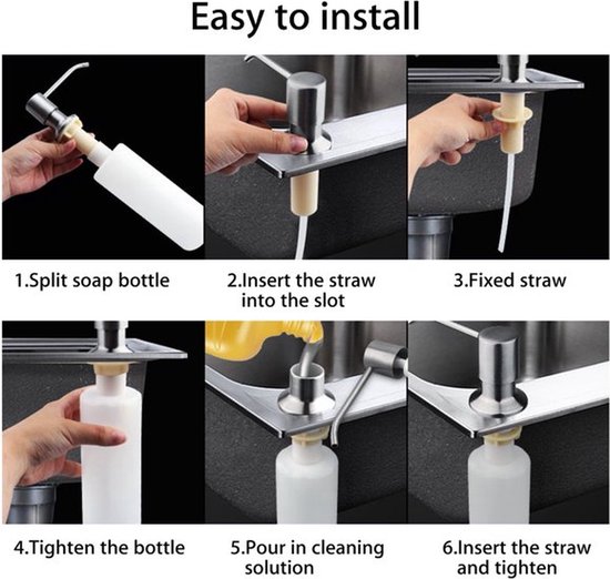 Stapsgewijze installatie van een roestvrijstalen zeepdispenser in een gootsteen.
