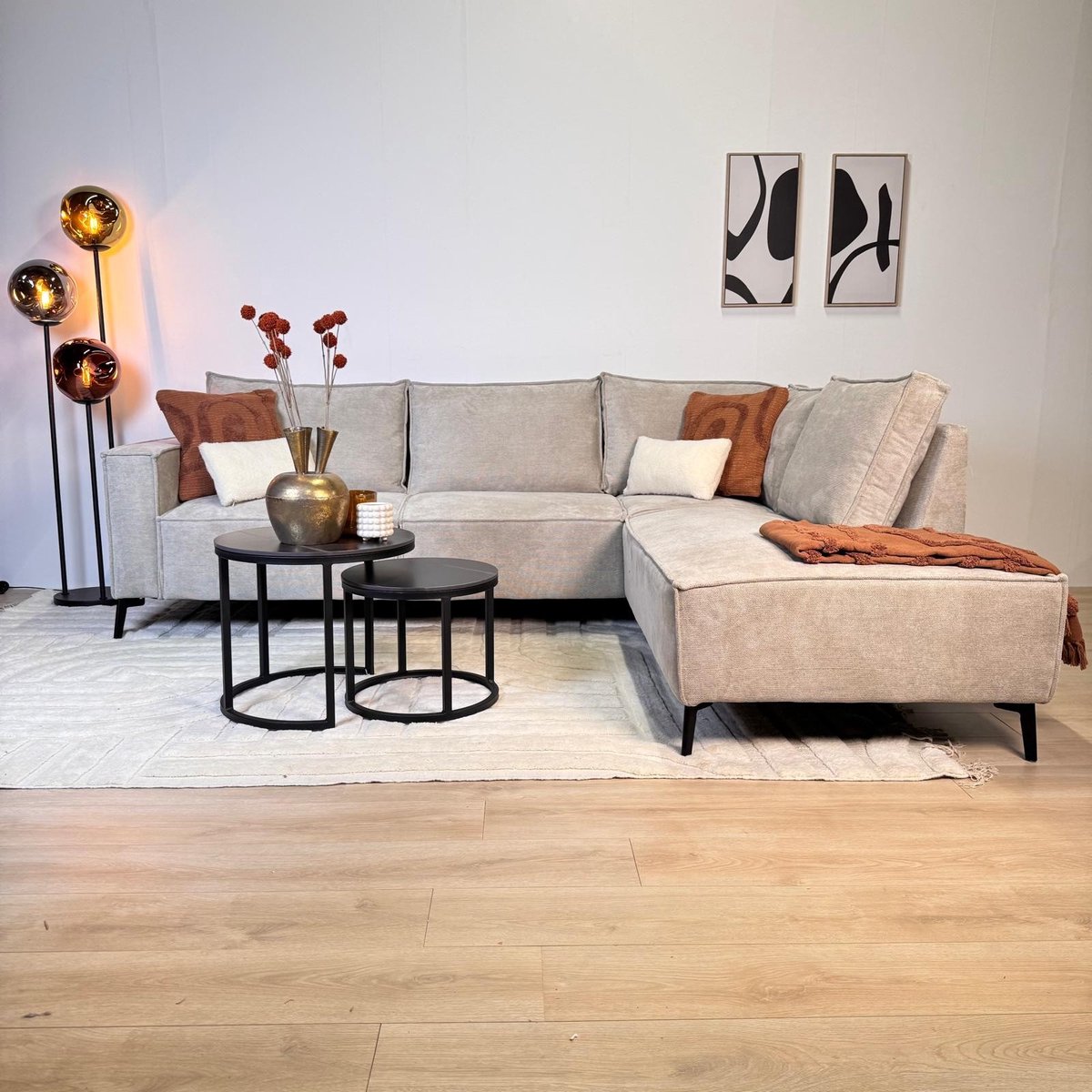 Dimehouse Hoekbank met chaise longue beige chenille Yara - rechts - Chenille - Scandinavisch & Basic - 265 x 210 x 84 cm