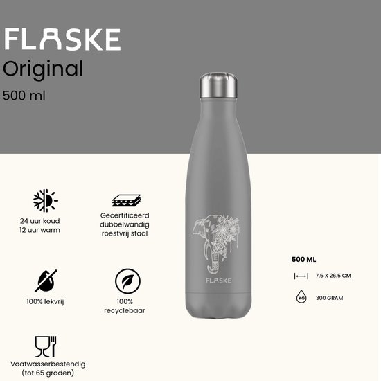 Grijze "FLASKE" Original drinkfles van 500 ml. Met icoontjes die 24 uur koud, 12 uur warm, lekvrij, en recyclebaar aangeven.