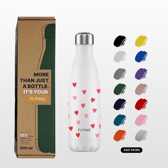 Witte drinkfles met rode en roze hartjes. De fles heeft een zilveren dop en is omringd door kleurstalen.