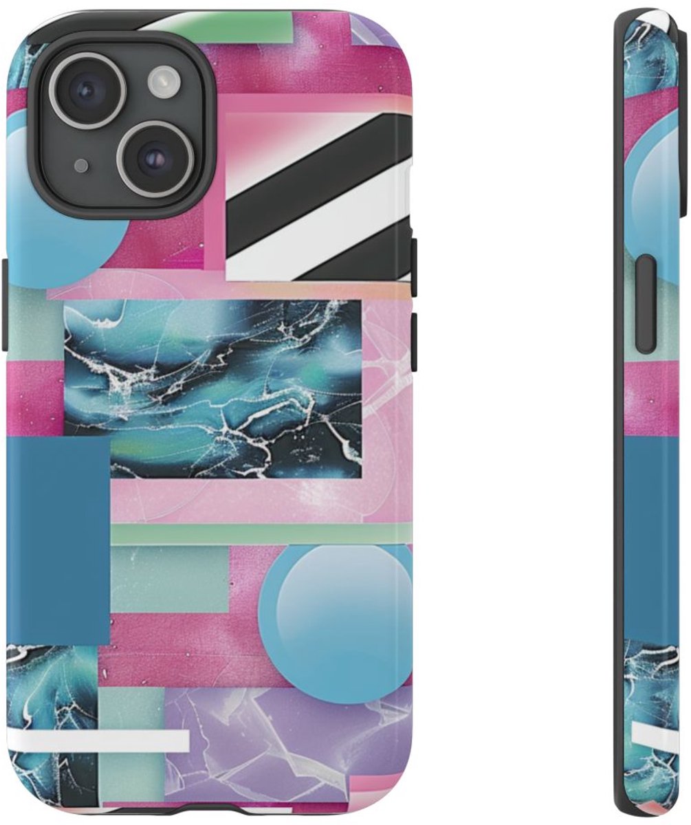 Abstract Geometrisch Patroon in Roze en Blauw – Telefoonhoesje Geschikt voor iPhone 15