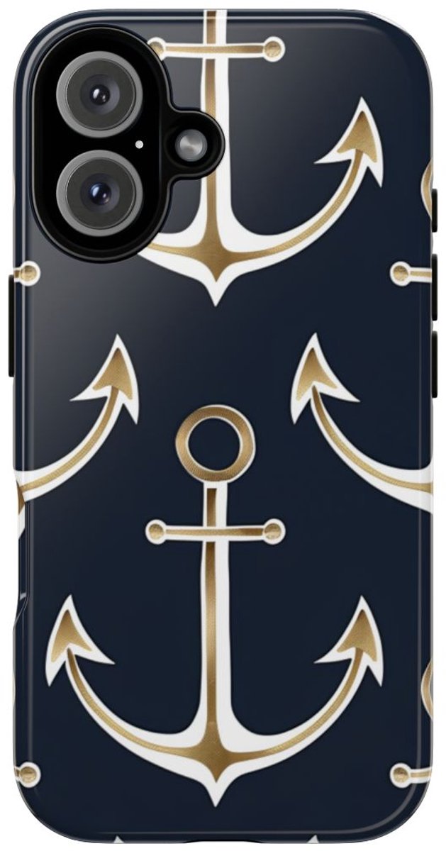 Gouden Ankers op Donkerblauwe Achtergrond – Telefoonhoesje Geschikt voor iPhone 16