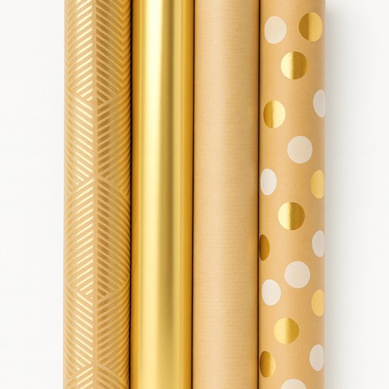 Cadeaupapier - Kraft & Goud - (4 STUKS) – 150×70 cm – Metallic Goud, Kraftpapier, Geometrisch & Stippen - Inpakpapier - Luxe - Neutraal - Chique Cadeaupapier