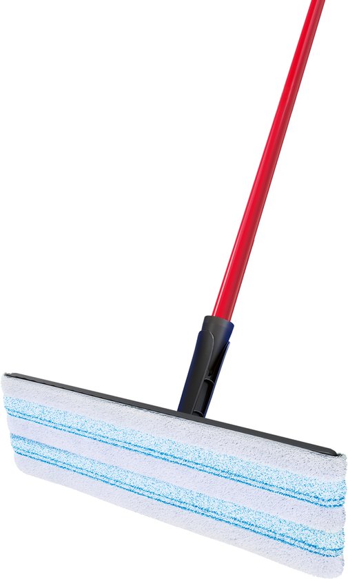 Vileda H2Pro dweil met blauwe strepen, bevestigd aan een zwarte kop met rode steel.