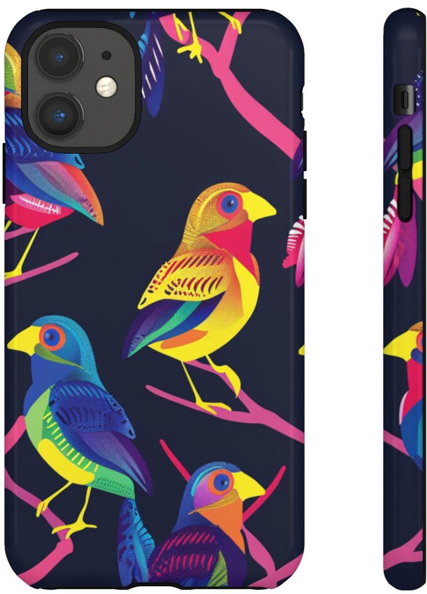 Neonkleurige Vogels op Takken – Telefoonhoesje Geschikt voor iPhone 11