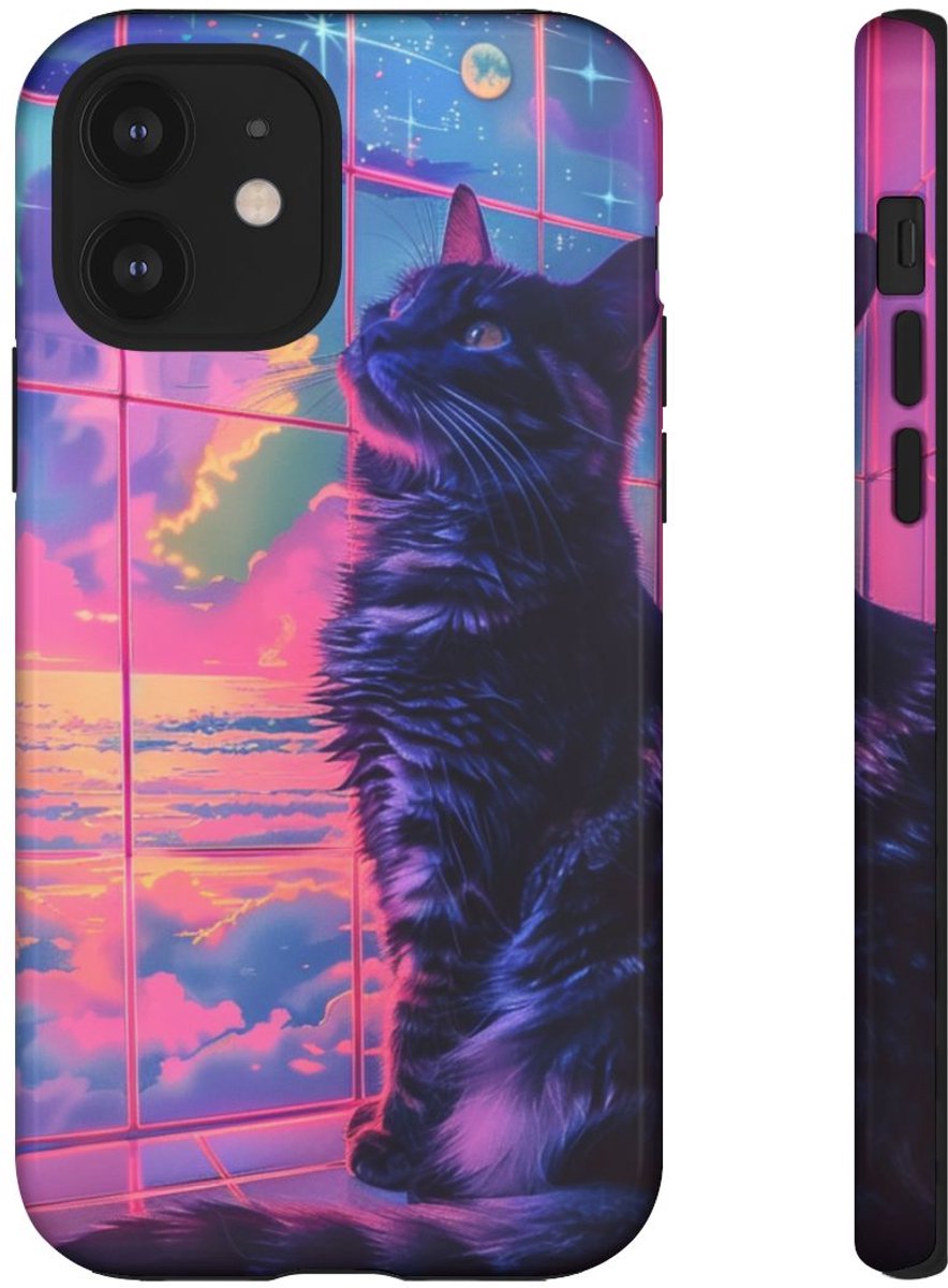 Lofi Vaporwave Kat met Neonlucht – Telefoonhoesje Geschikt voor iPhone 12