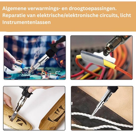 Vier afbeeldingen tonen de soldeerbout in gebruik voor elektronica, bedrading, houtbranden en lijmen.