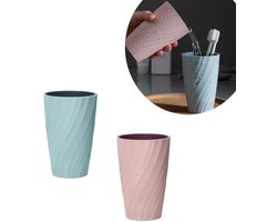 Tandenborstelbekers - Mondspoelbeker van kunststof - tandenborstelhouder - plastic beker - 2 Stuks - tandenborstel beker - beker badkamer kunststof - Badkameraccessoires - Stevig en breukvast - Set tandenborstelkoker - Roze + Blauw