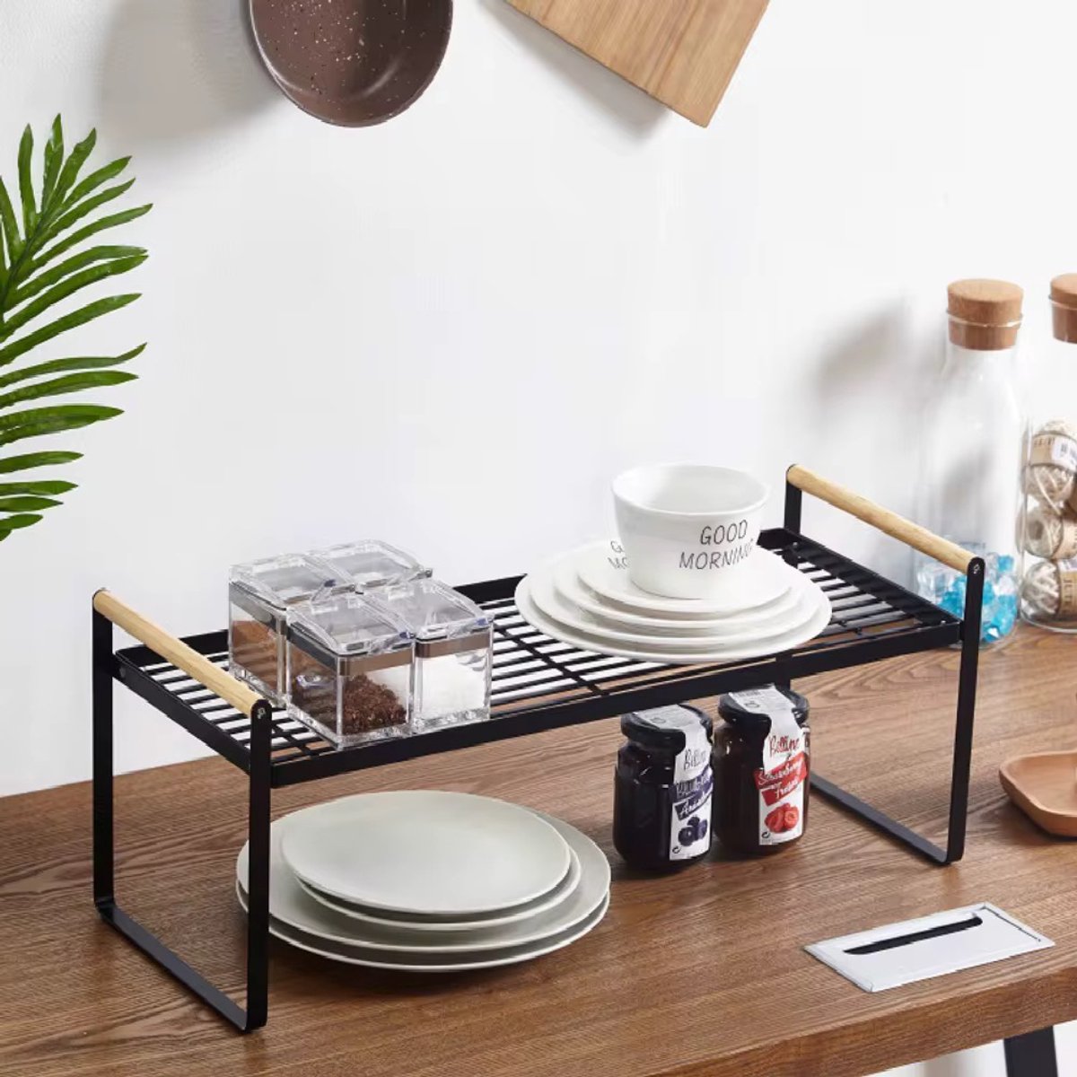 Keuken Organizers - Met houten handvat - aanrecht organiser - Pannenrekken - Gootsteenkast organizer - Bureau Organizer - Opbergrek - Kruidenrek - Kast Organizer - Badkamer Organizer - 25.2x 40,3 x 21 cm - Zwart