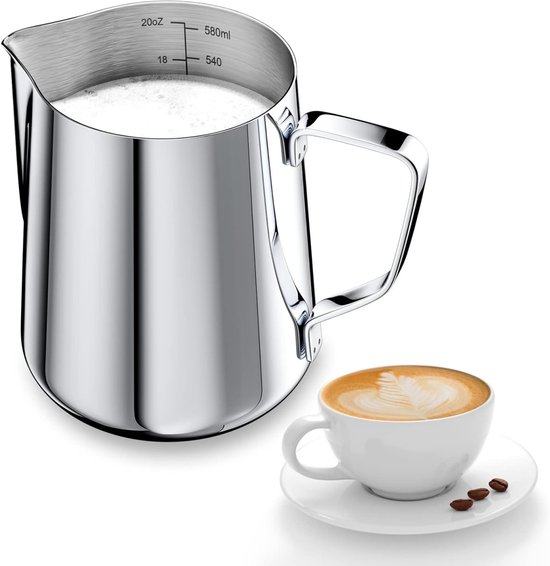 Dussdote 600 ml - Pot à lait - Tasse Latte Art- Acier inoxydable - Tasse à café au lait - Convient aux cafés, pâtisseries et à la maison - Argent