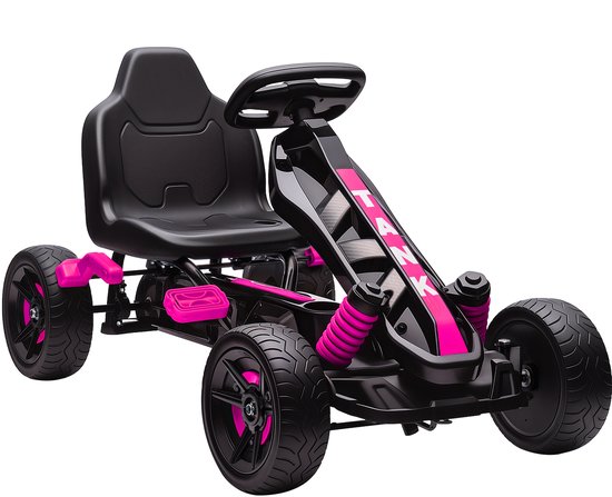Zwarte skelter met roze schokdempers en pedalen, 'TANK' op de voorkant, op witte achtergrond.