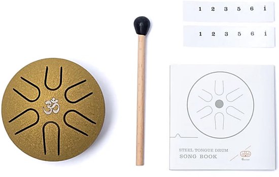 Hluru Mini Panschaal / Tongue Drum - 6 Noten A Majeur - Goudkleurig - Klankschaal voor Meditatie - Inclusief Mallets & Boekje van Merkloos — afbeelding 2
