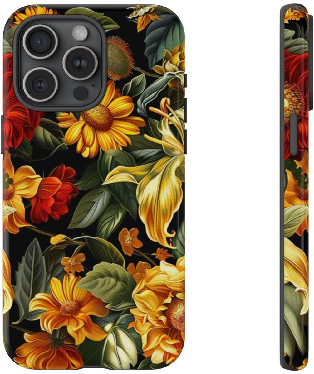 Vrolijk Gele en Rode Bloemenprint – Telefoonhoesje Geschikt voor iPhone 15 Pro Max