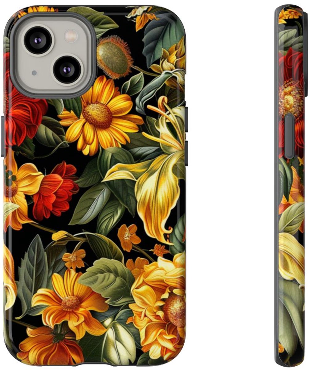 Vrolijk Gele en Rode Bloemenprint – Telefoonhoesje Geschikt voor iPhone 14