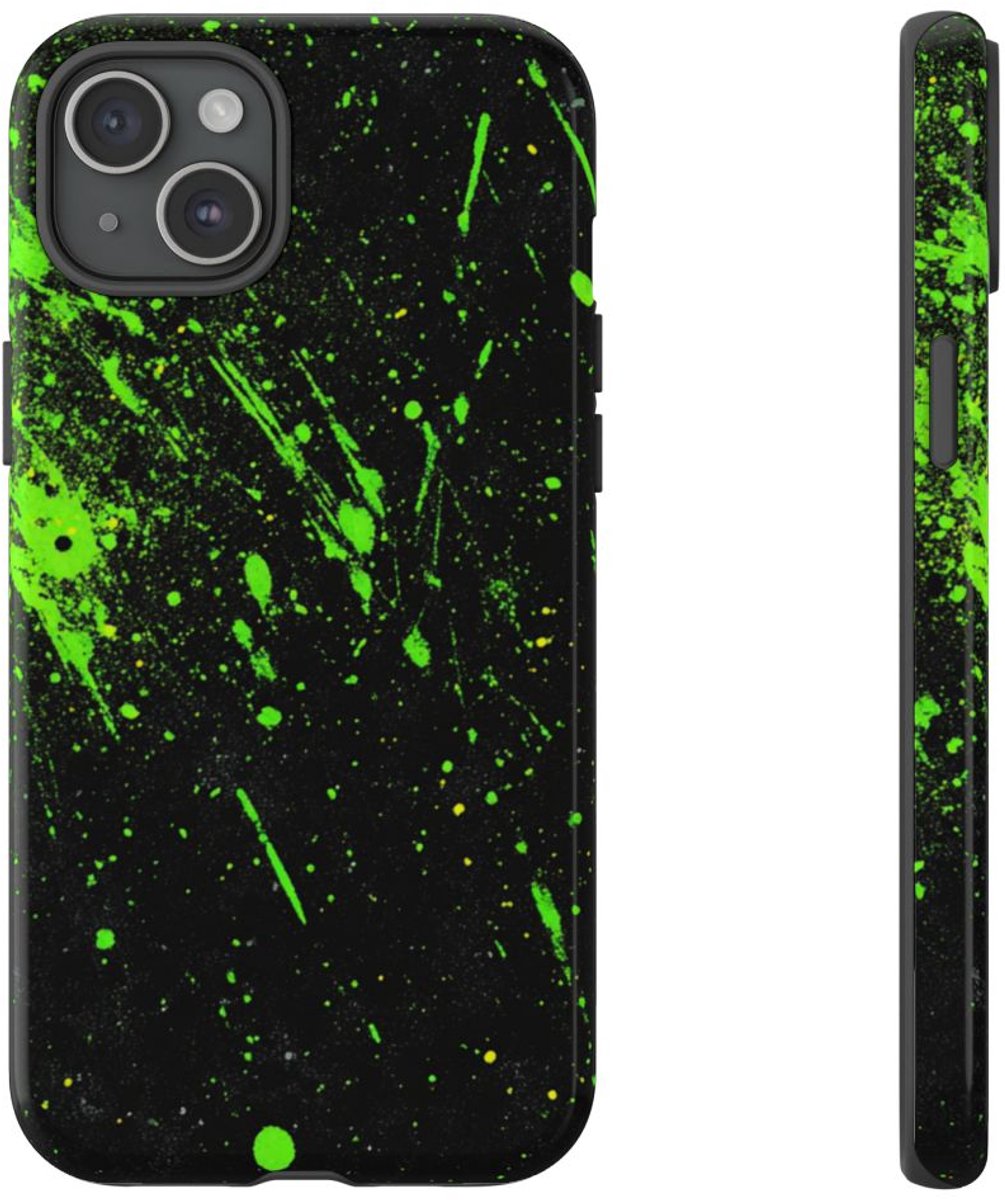 Neon Groene Spetters op Zwarte Achtergrond – Telefoonhoesje Geschikt voor iPhone 15 Plus