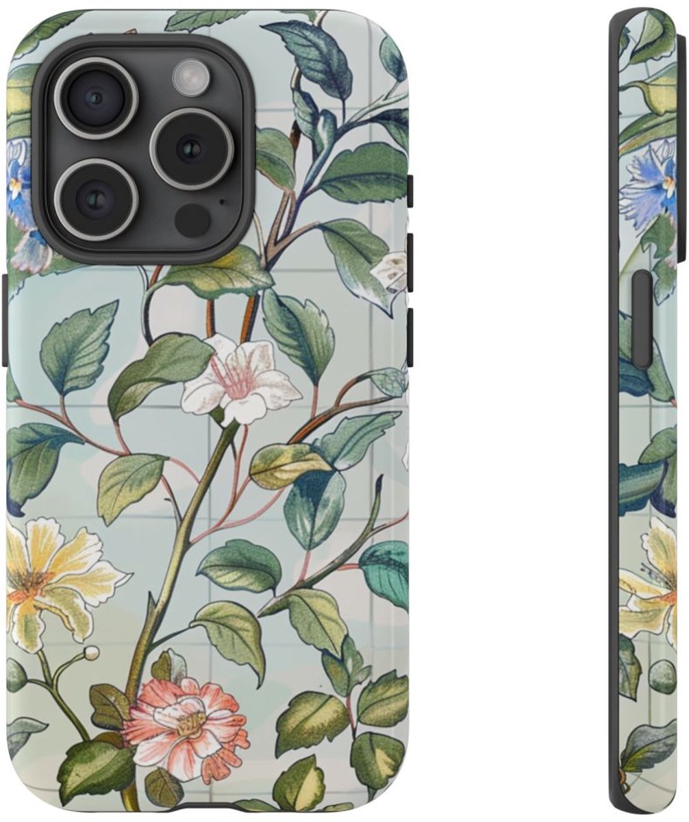 Vintage Bloemenpatroon met Vlinders – Telefoonhoesje Geschikt voor iPhone 15 Pro
