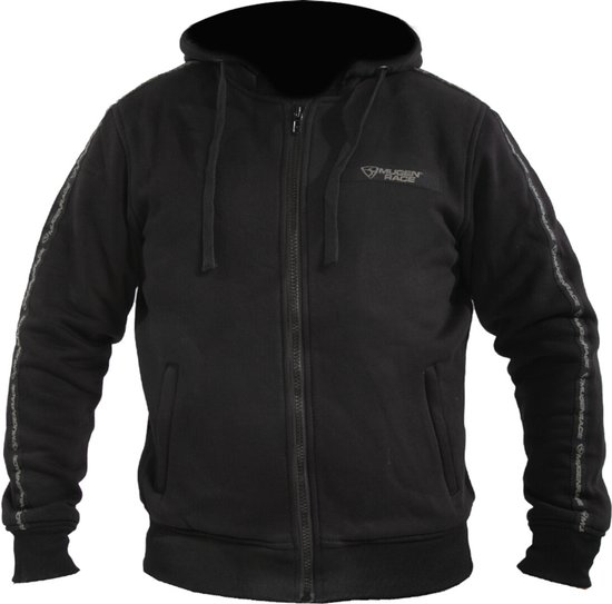 Zwarte MUGENRACE motor hoodie met rits en opdruk op de mouwen.