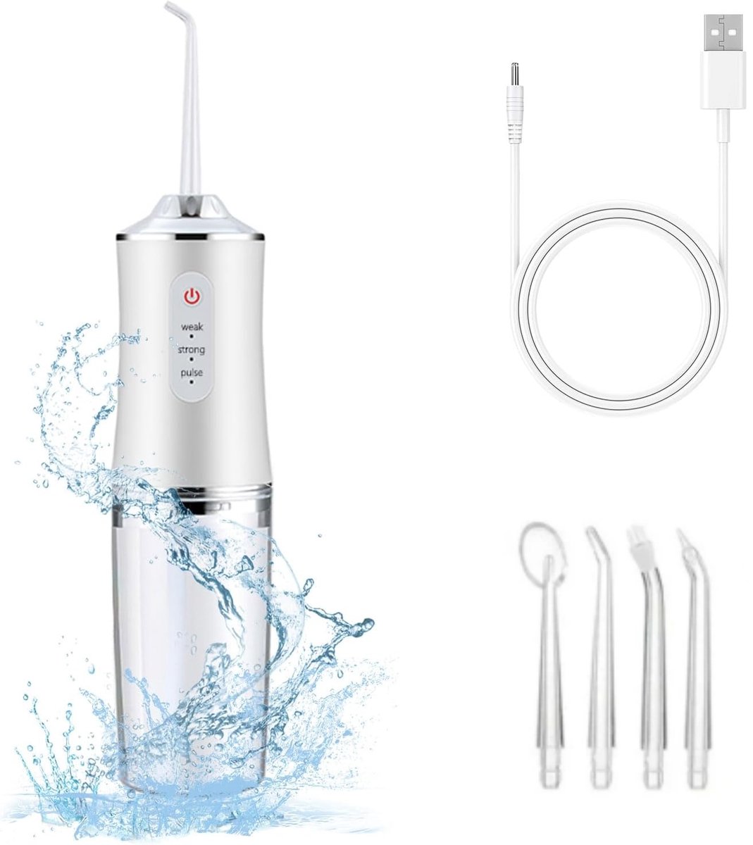 Waterflosser - Monddouche - 4 opzetstukken - 3 standen - Elektrische flosser - Waterdicht - Draadloos en oplaadbaar - Draagbare flosser - Wit