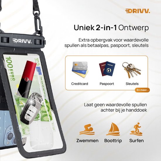 DRIVV 2-in-1 hoes toont creditcard, paspoort en sleutels op voor extra opbergvak. Geschikt voor zwemmen, boottochten en surfen.
