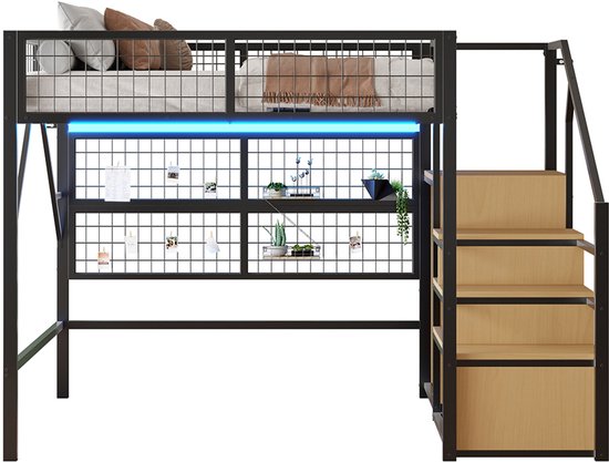 Pugsdrly Lit en fer 140*200 cm Lit mezzanine Convient aux enfants et aux adolescents Structure en métal Design polyvalent Avec échelle de rangement Avec armoire ouverte Bandes lumineuses LED contrôlées par application Zwart