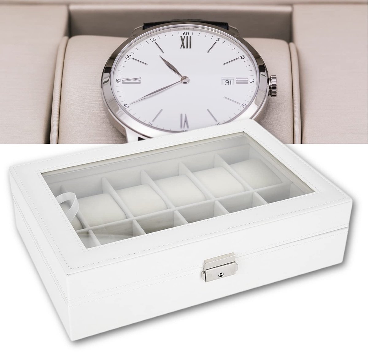 Horlogebox met 12 compartimenten, 12 vakken herenhorloge organizer, horlogekast met uitneembare horlogekussentjes, horlogekast, armbandlade met glazen bovenkant, horlogebox, horlogekast
