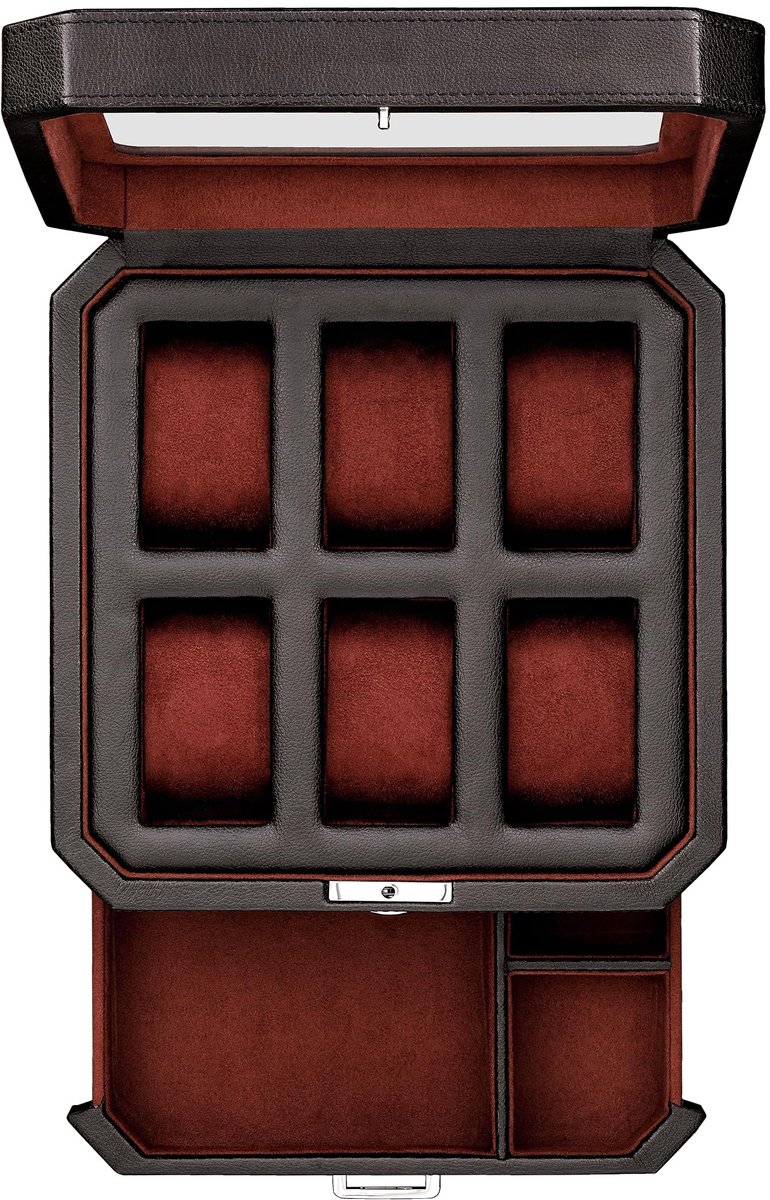 ROTHWELL 6-vaks leren horlogebox met lade - Luxe horlogekast organizer, opbergboxen voor heren, grote glazen bovenkant (zwart-rood)