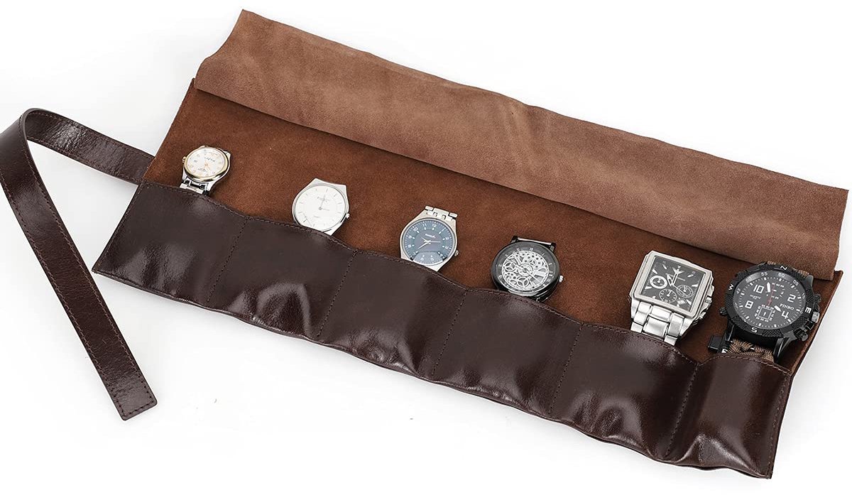 CONTACTEN Horlogerol van echt leer, draagbare horlogeband met 6 compartimenten, voor herenhorloges, opbergdoos, reistas, houder, etui, vintage (koffie)