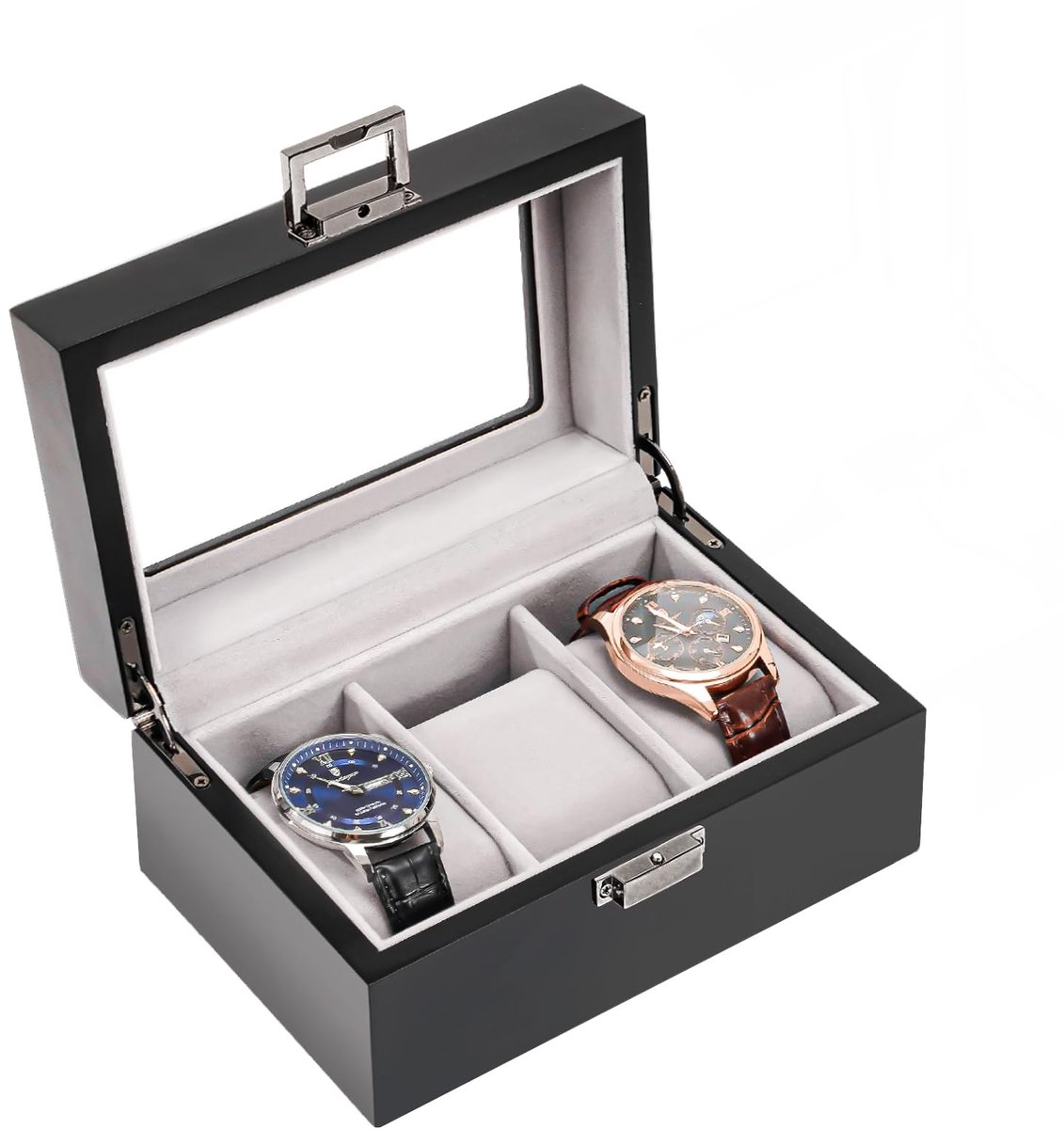 ProCase Horlogebox met 3 compartimenten, Houten horlogebox met glazen deksel, Horlogekast met horlogekussen, Horloge-opbergbox voor heren Horloge-organizer met glazen deksel - Zwart