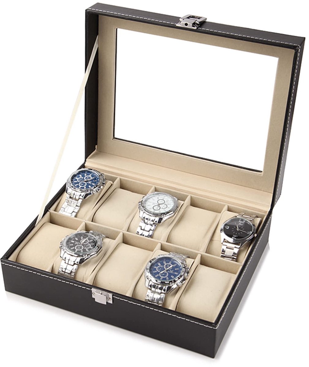 Estink Horlogebox met 10 vakken, opbergdoos en sieradenorganizer, horlogekast met deksel, PU-leer en fluwelen voering, metalen sluiting, zwart