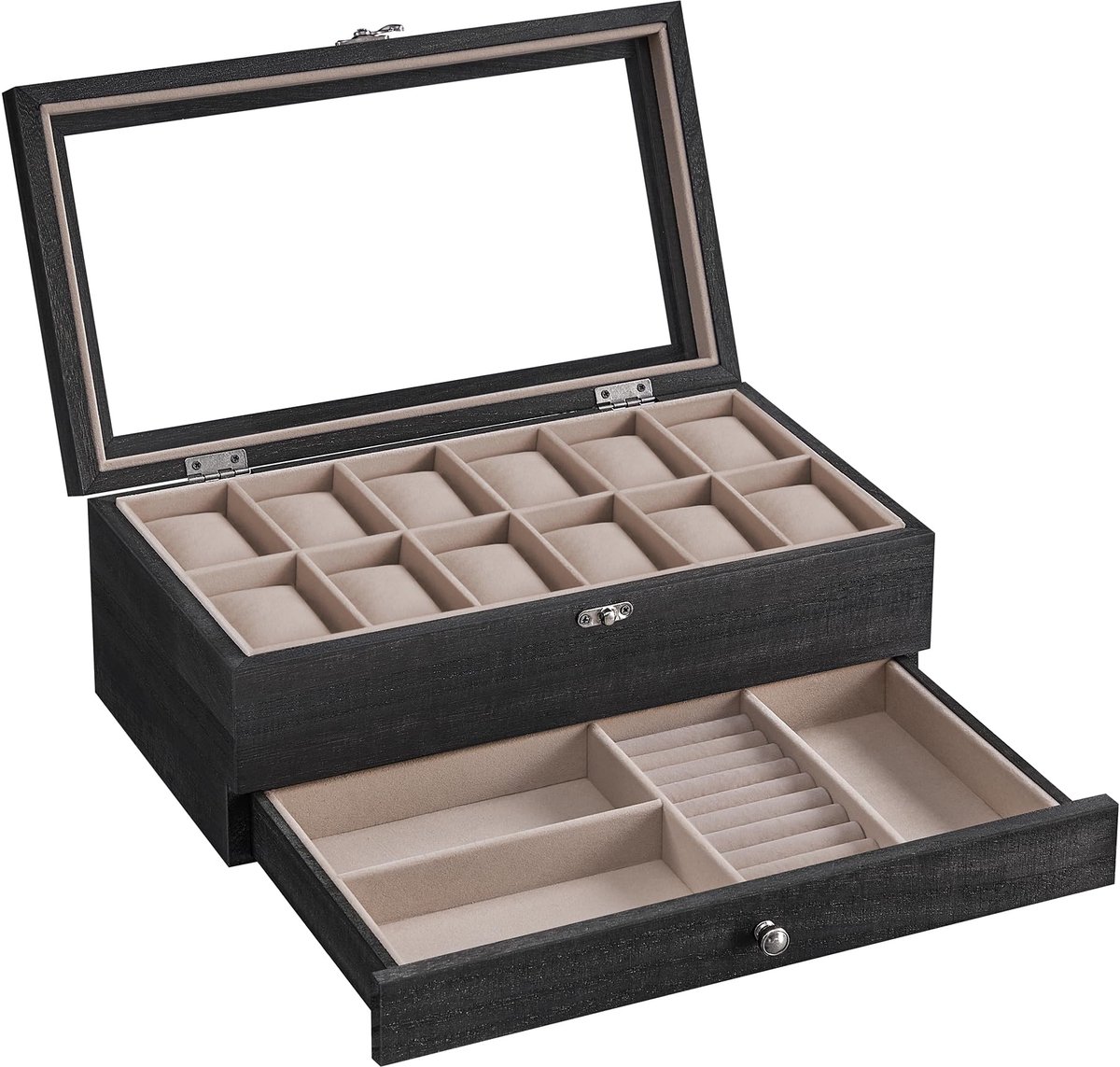 SONGMICS Horlogebox met 12 compartimenten, massief houten horlogekast met glazen deksel en horlogekussentje, sieradenopberger, cadeau voor uw dierbaren, ebbenhoutzwart JOW012B01