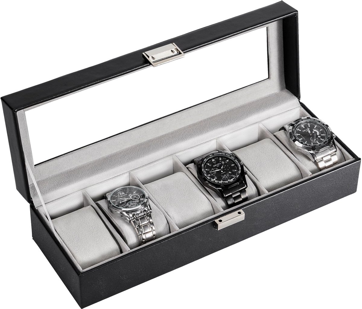 ProCase Horlogebox met 6 compartimenten, Horlogekast met glazen deksel, Horlogekast met horlogekussen, Horloge opbergruimte, Premium Horlogebox, PU leren horlogekast, Horlogebox voor heren - 6 compartimenten, Zwart
