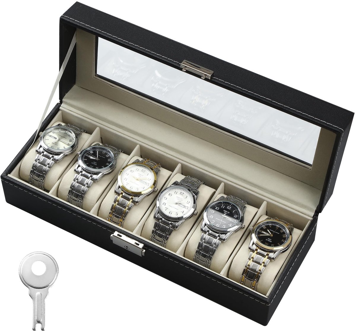 Horlogebox met 6 compartimenten, horlogekast met glazen deksel, gemaakt van fluweel, geschikt voor het opbergen van horloges, sieraden, enz., het beste cadeau voor mannen