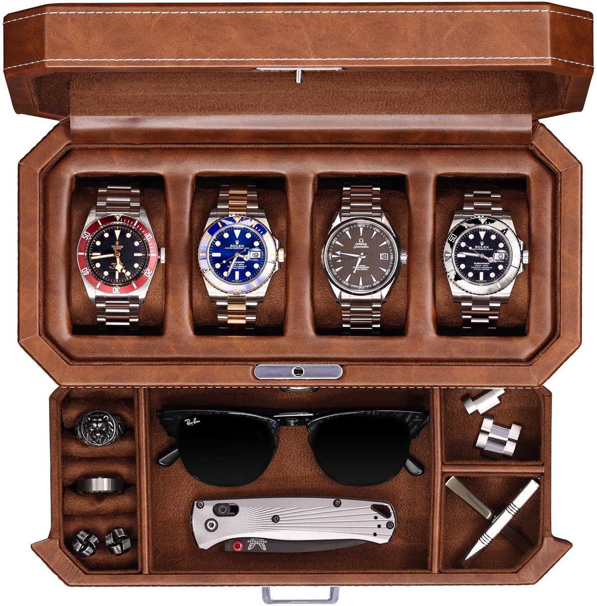 ROTHWELL leren horlogebox met 4 vakken en opberglade - luxe sieradenorganizer, afsluitbare display met echt glazen bovenkant - horlogebox voor mannen en vrouwen (lichtbruin)