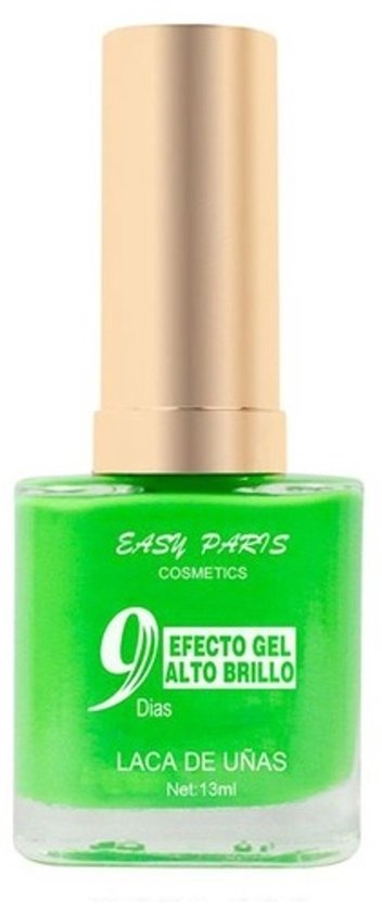 Nagellakflesje met felgroene
inhoud en gouden dop. Tekst: "EASY PARIS COSMETICS 9 DIAS EFECTO GEL ALTO BRILLO LACA DE UÑAS Net: 13ml".