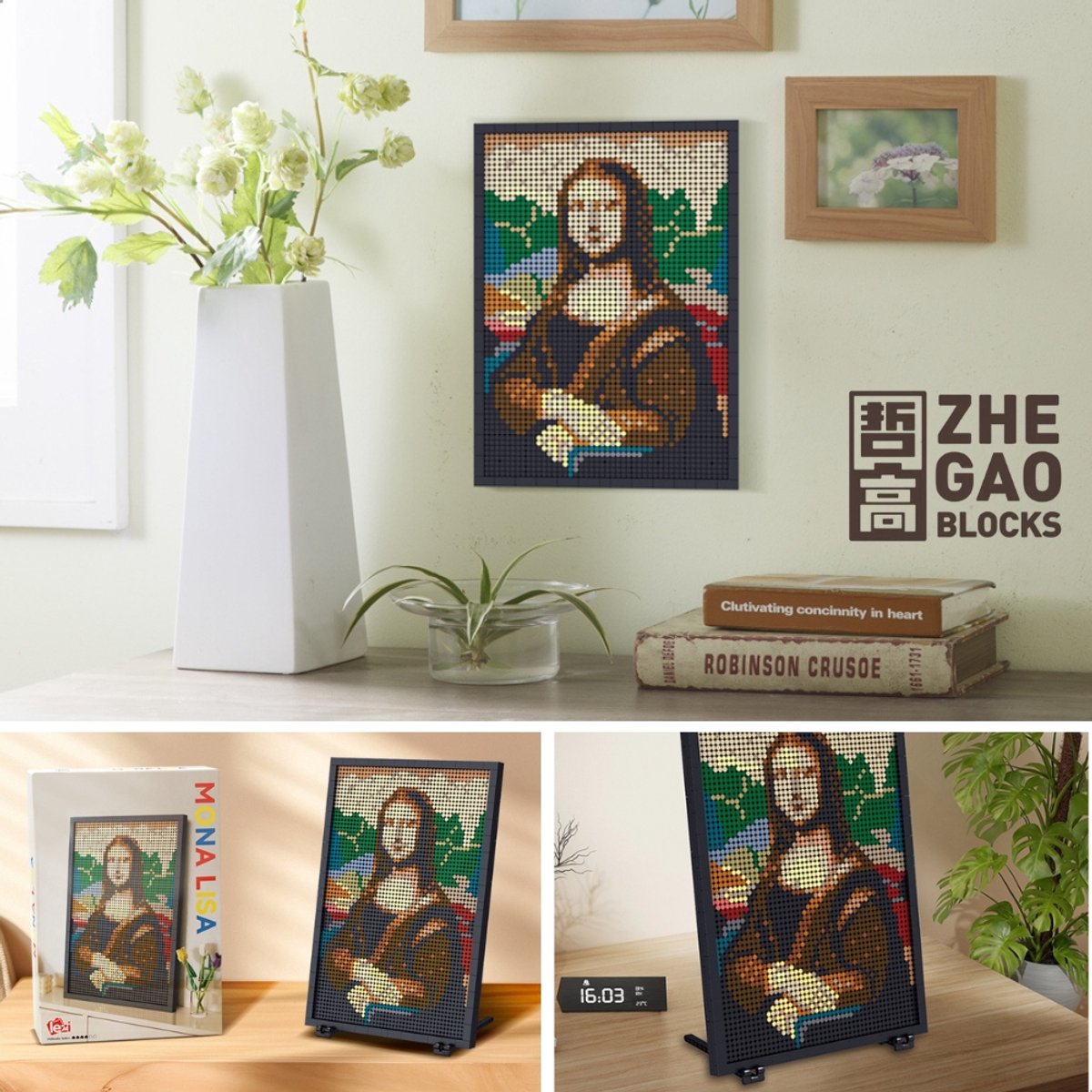 Zhe Gao - Mona Lisa schilderij bouwset | Wall pixel art model kit | Mozaiek diamond painting fotolijst | Classic Creator STEM speelgoed | Niet compatibel met lego mould king mega | Icons kunst modelbouw voor volwassenen & kinderen | 3624 bloks — afbeelding 3