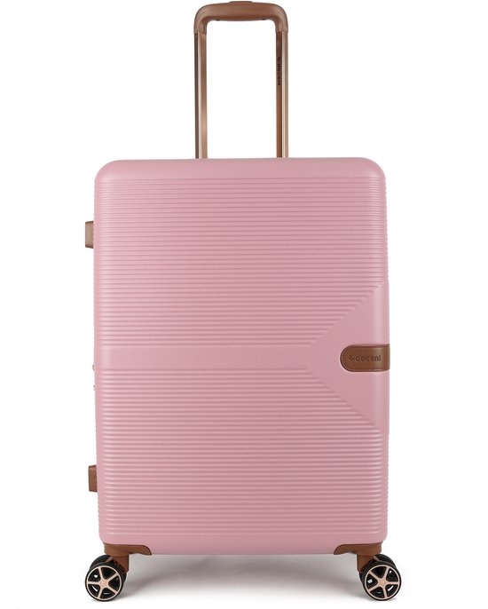 Lichtroze Decent koffer met bruine accenten, ribbelpatroon en TSA-slot.